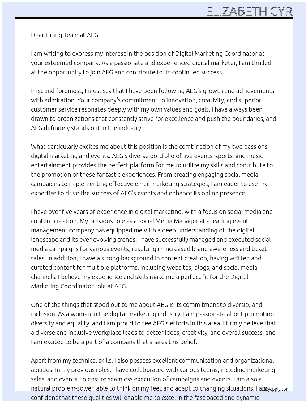 Digital marketing coordinator At AEG Cover Letter