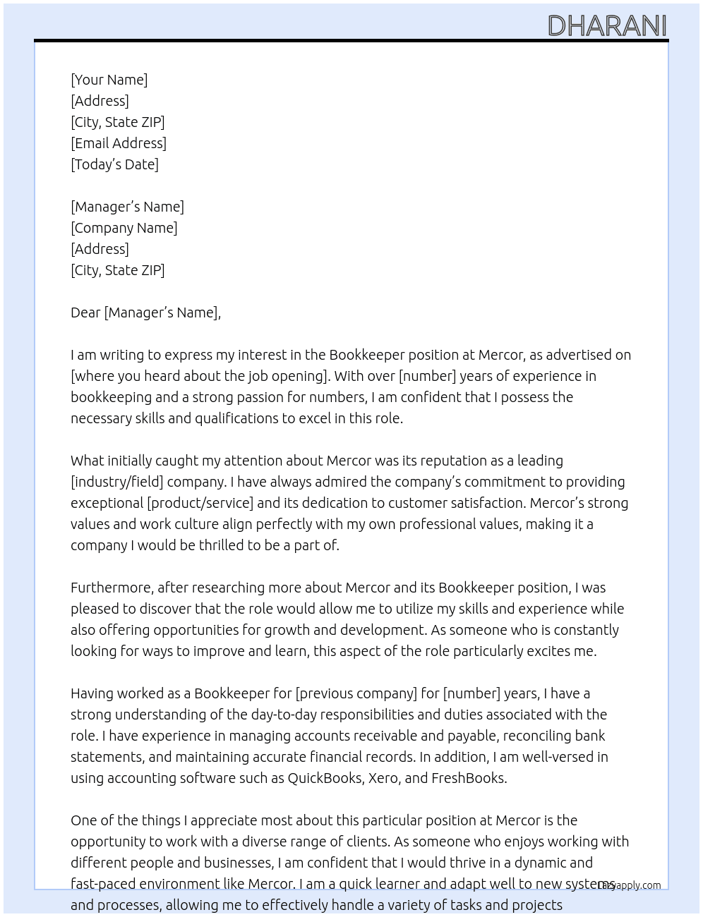 Bookkeeper At Mercor Cover Letter