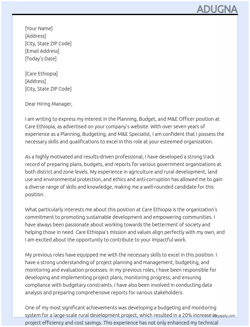 Planning, Budget, M&E officer At Care Ethiopia Cover Letter