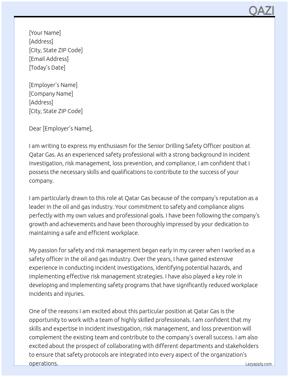 senior drilling safety officer  At Qatar gas  Cover Letter