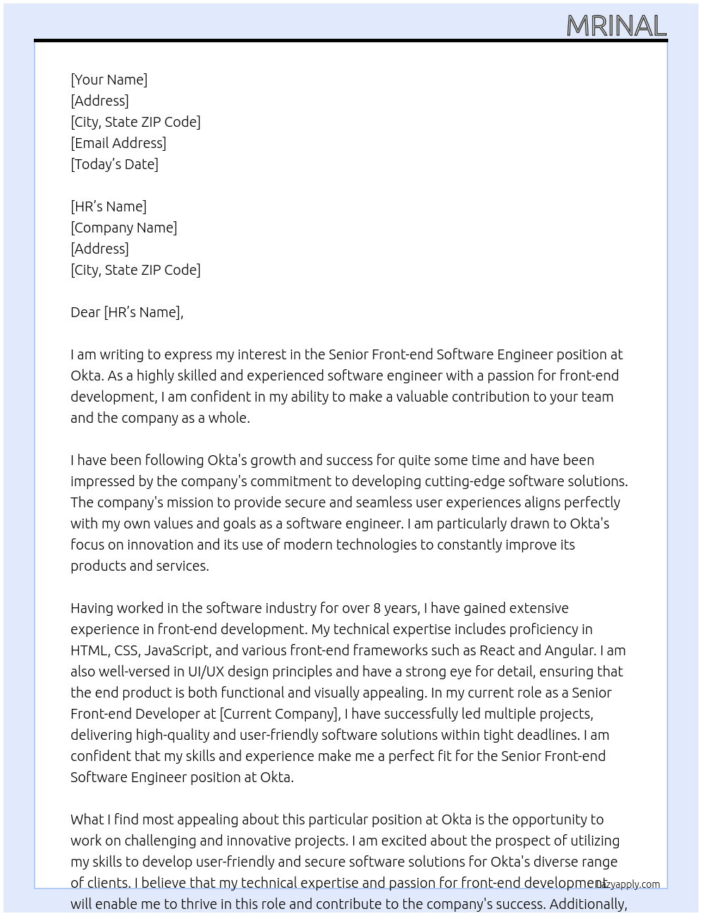 Senior Front-end Software Engineer At Okta Cover Letter