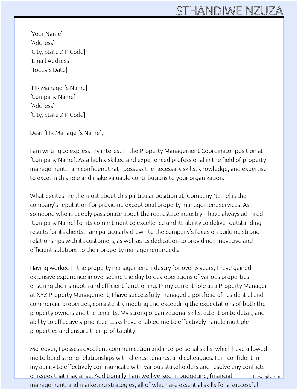 Property Management Coordinator At Your organisation Cover Letter