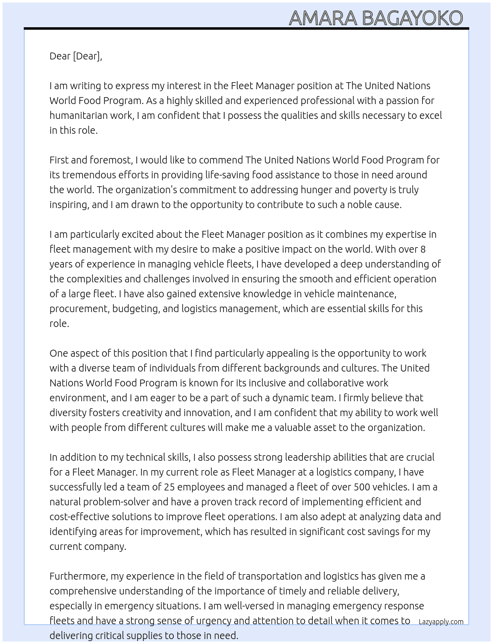 Fleet manager  At The United Nations World Food Program  Cover Letter