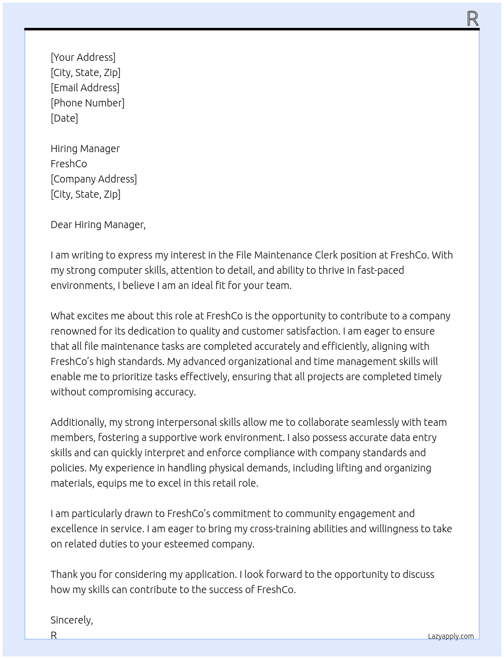 File Maintenance Clerk At FreshCo Cover Letter