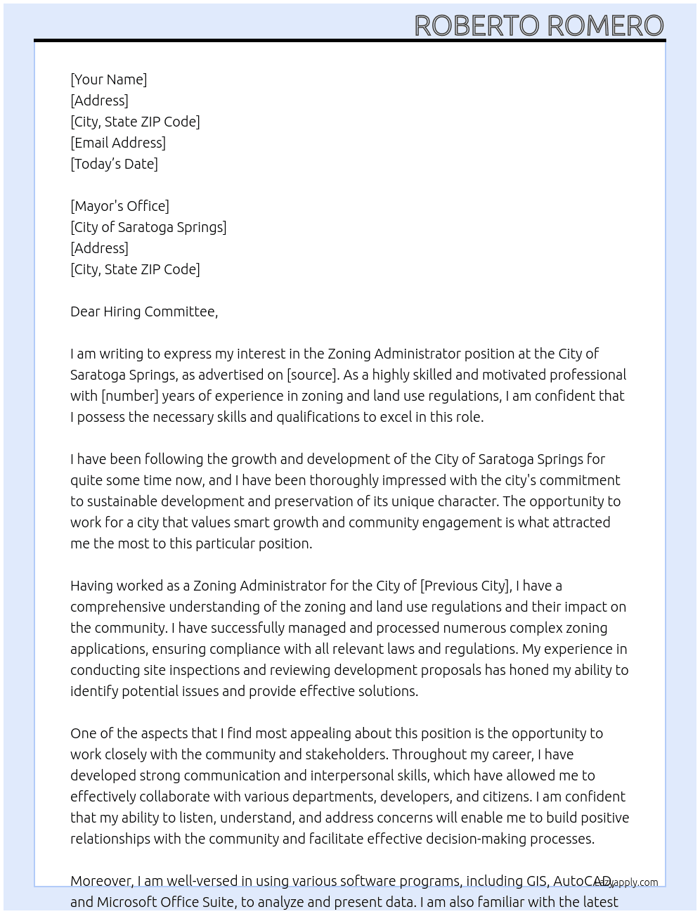 Zoning Administrator At City of Saratoga Springs Cover Letter
