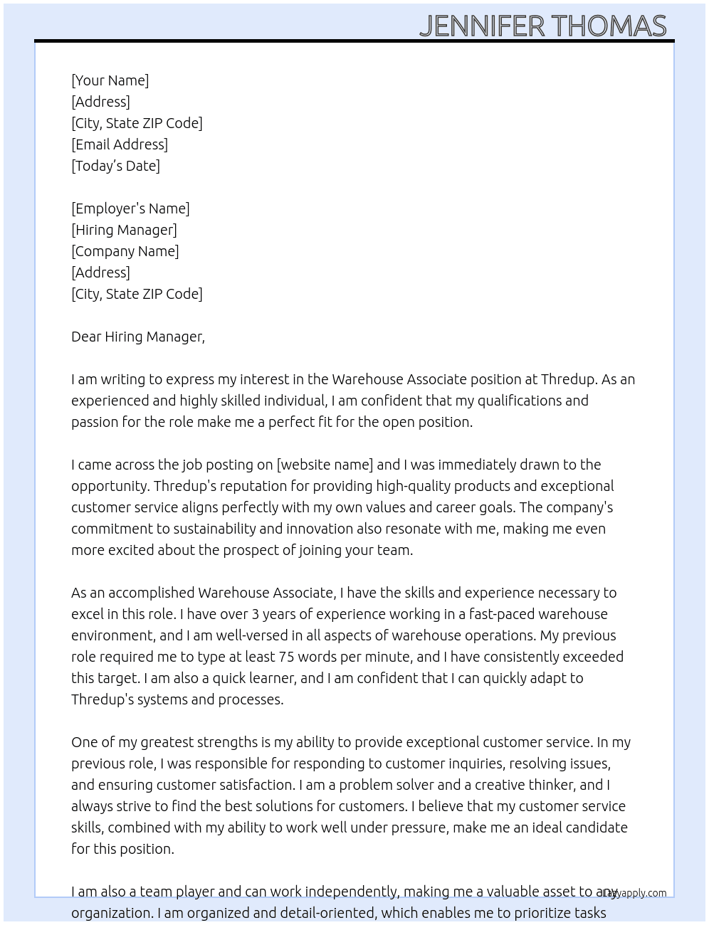 Warehouse associate  At Thredup Cover Letter