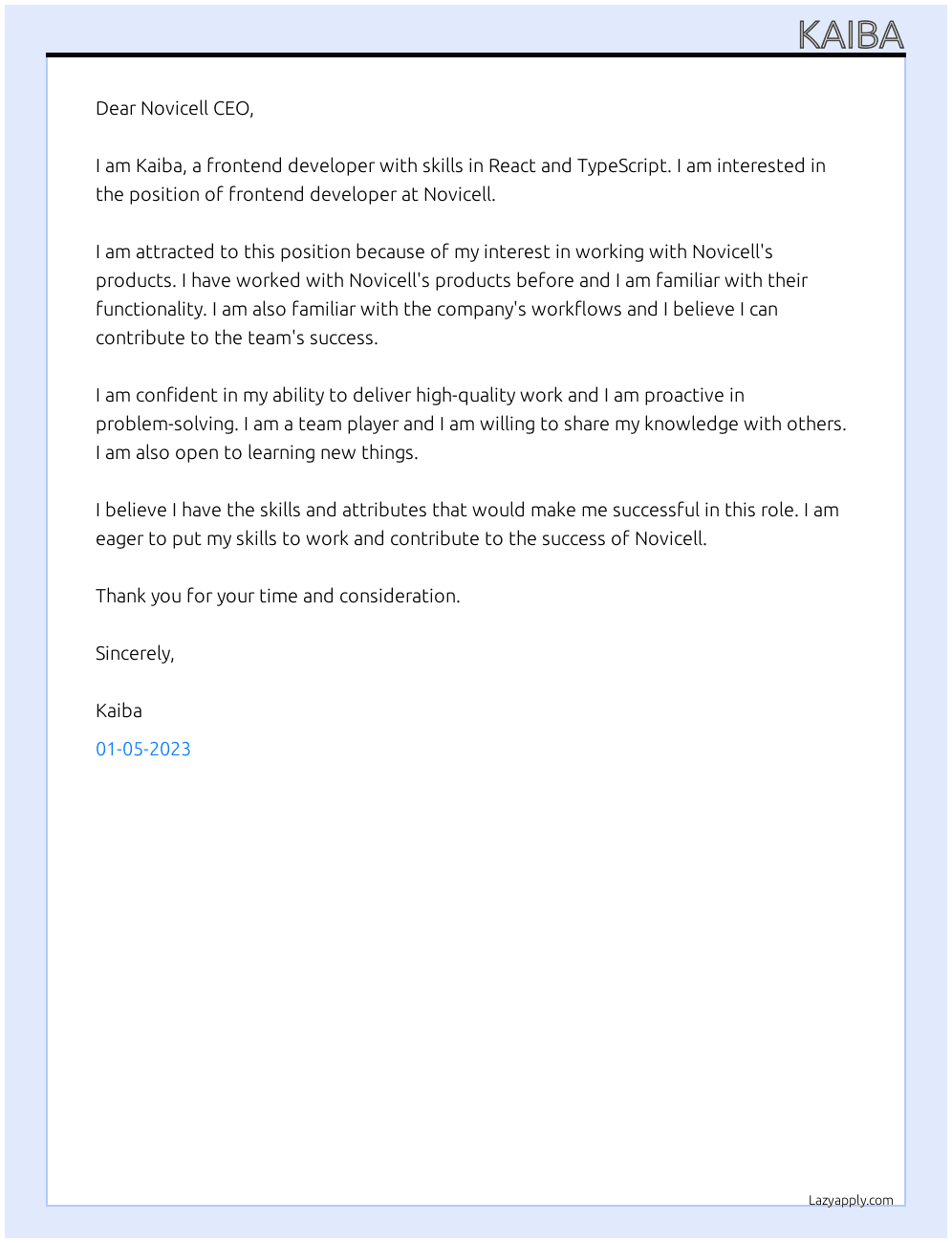 Frontend Developer At Novicell Cover Letter