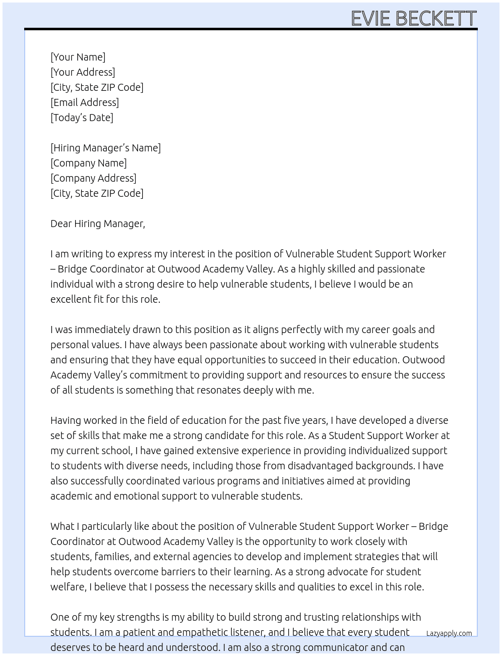 Vulnerable Student Support Worker - Bridge Coordinator At Outwood Academy Valley Cover Letter