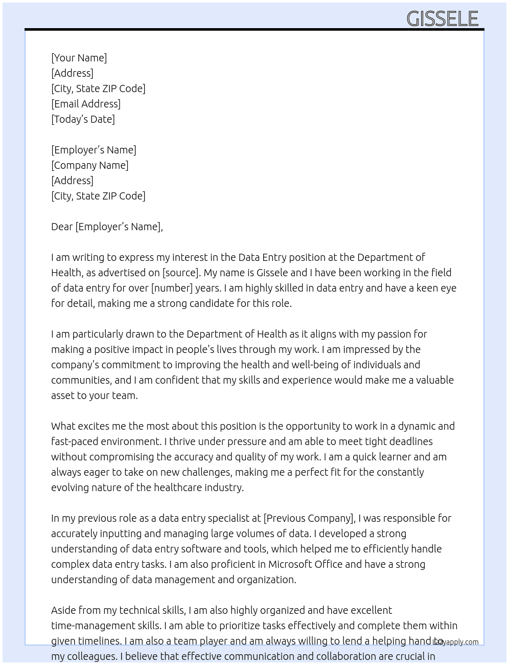 data entry At department of health Cover Letter