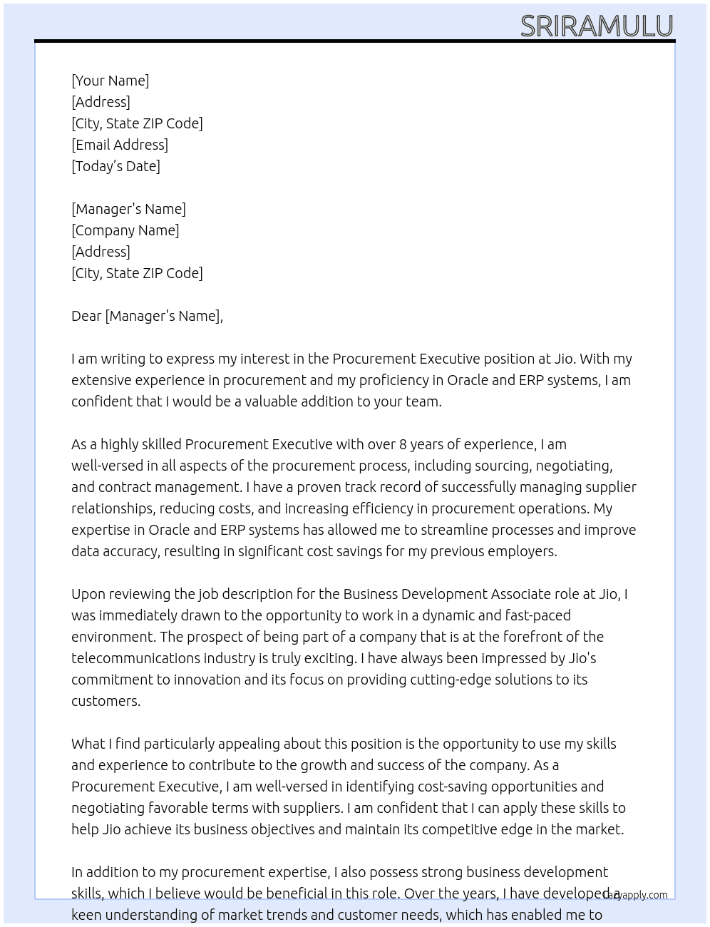 Procurement executive  At Jio Cover Letter