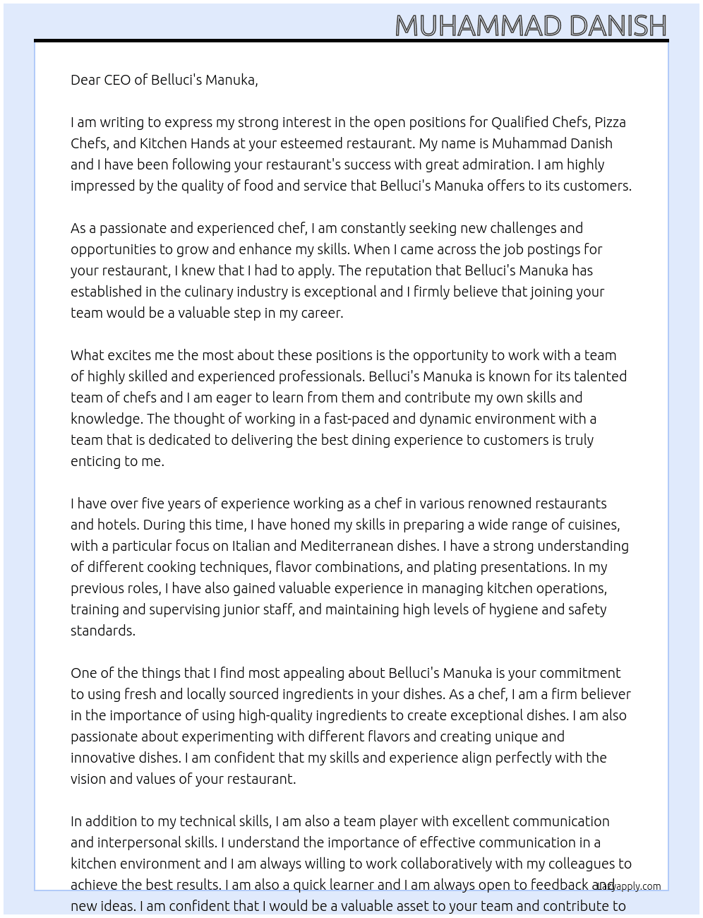 Qualified Chefs, Pizza Chefs and Kitchen Hands At Belluci's Manuka Cover Letter