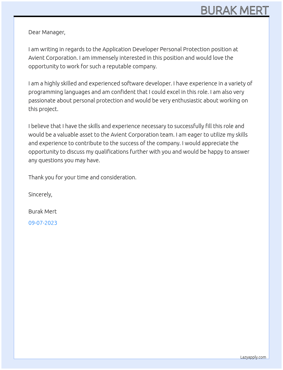 Application Developer Personal Protection At Avient Corporation Cover Letter