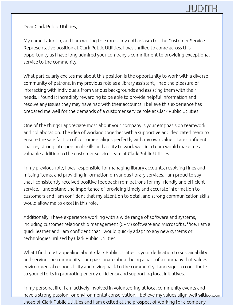 Customer Service Representative At Clark Public Utilities Cover Letter