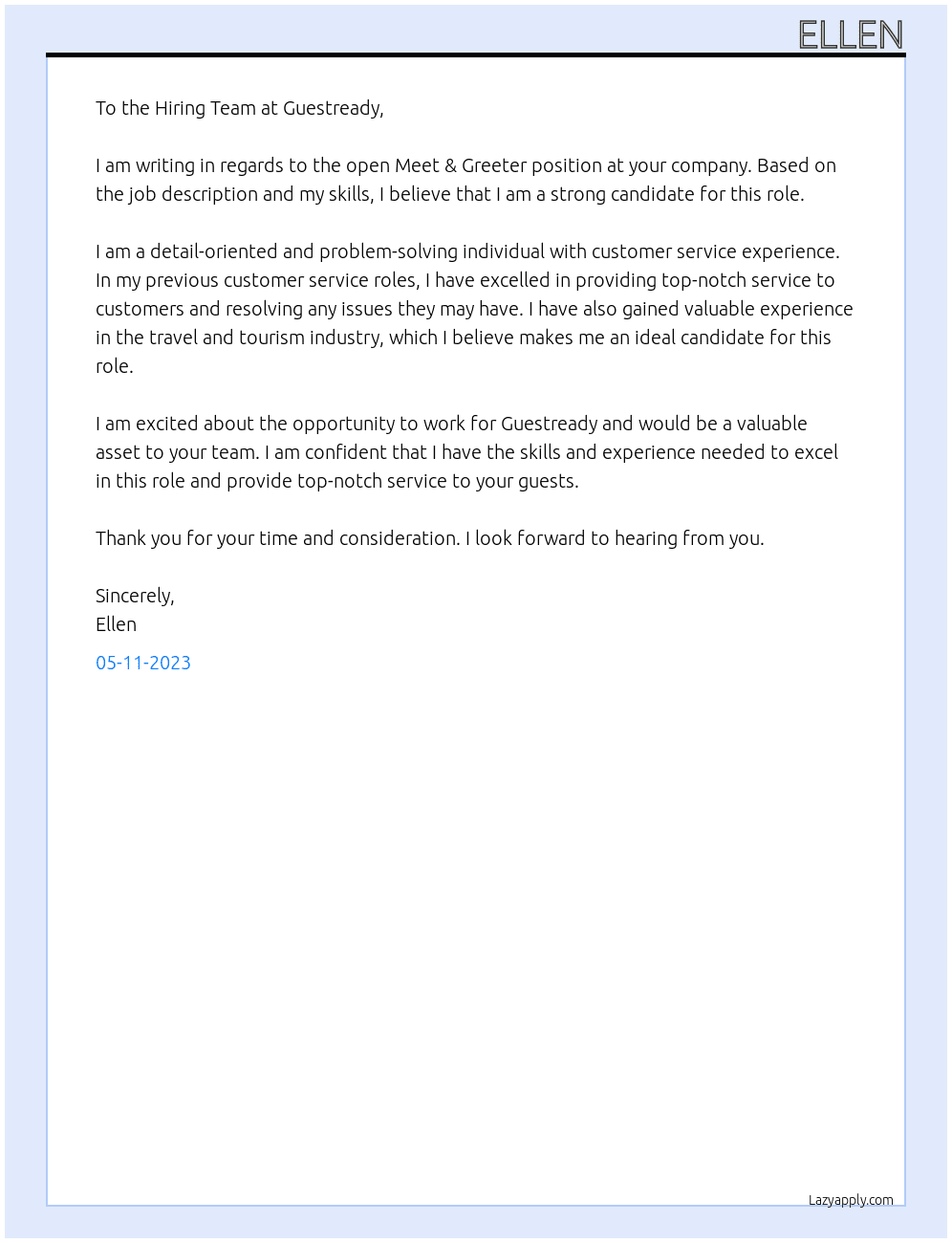 Meet & Greeter At Guestready Cover Letter