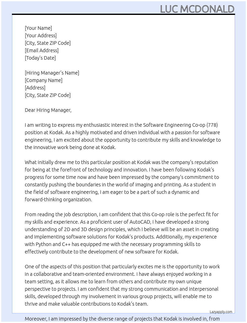 Software Engineering Co-op (778) At Kodak Cover Letter