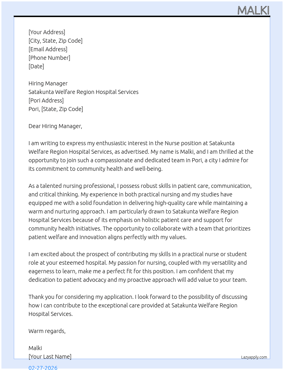 nurse At Satakunta Welfare Region Hospital Services Cover Letter
