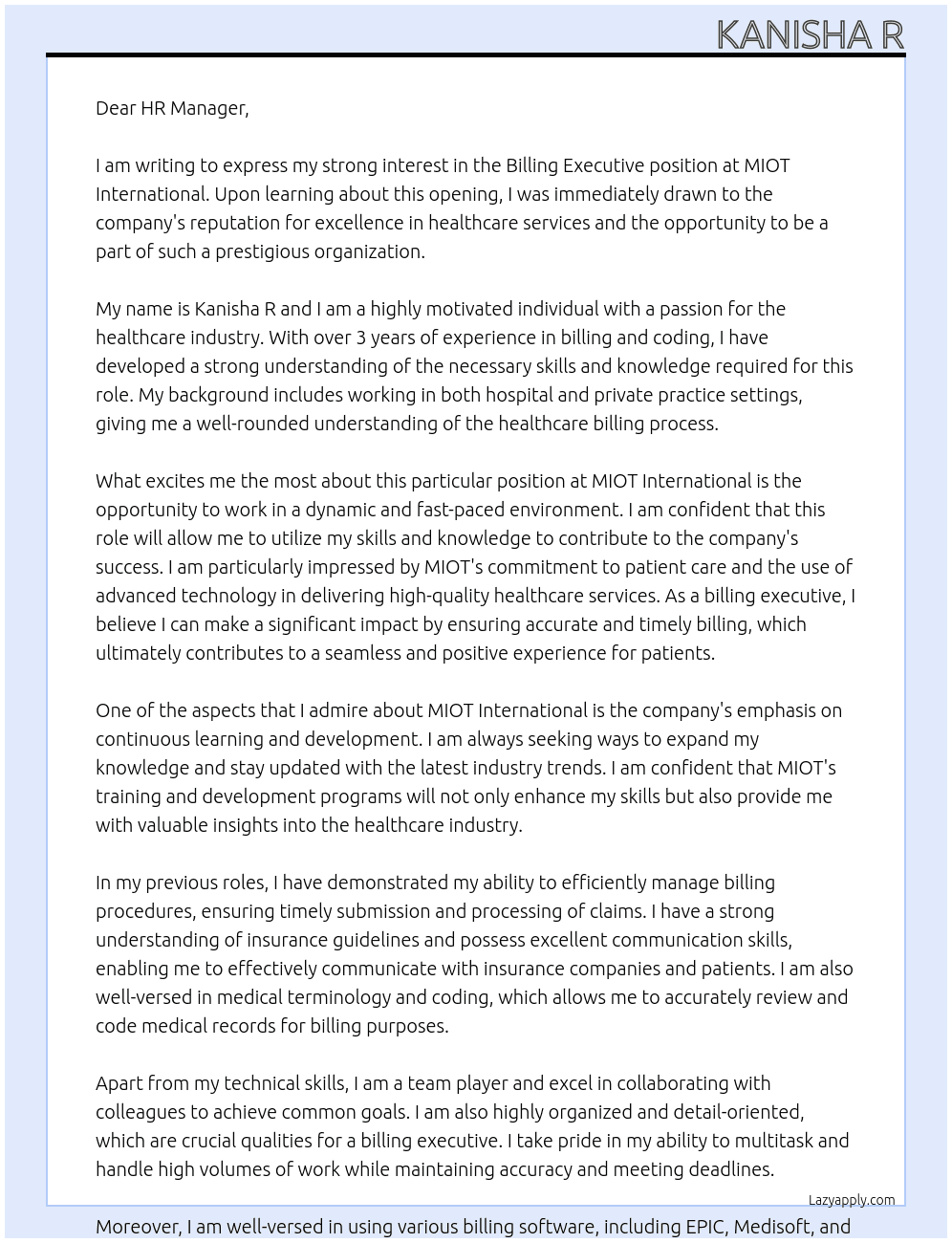 Billing executive  At MIOT International  Cover Letter