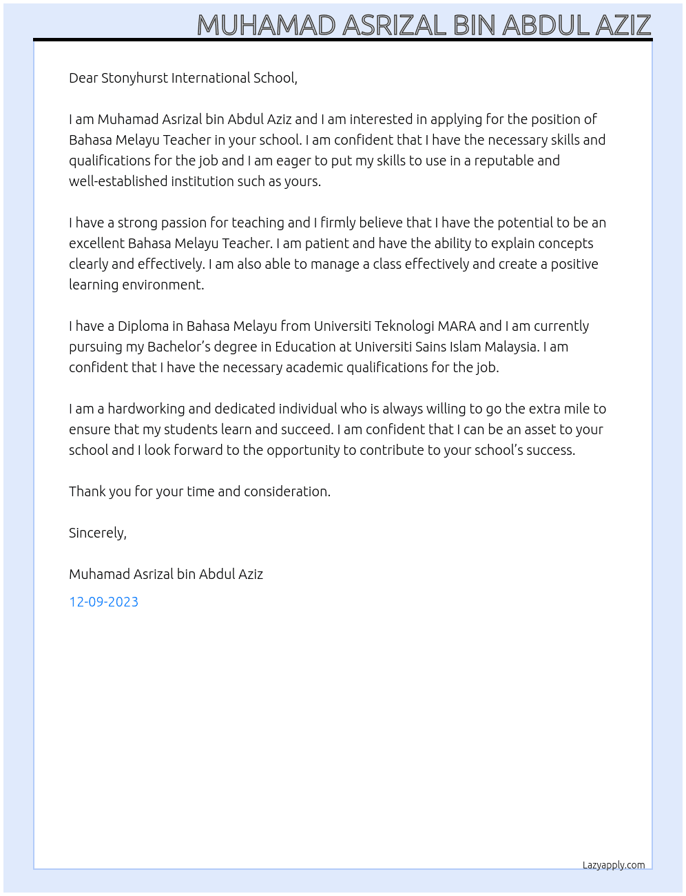 Bahasa Melayu Teacher At Stonyhurst International School, Penang Cover Letter