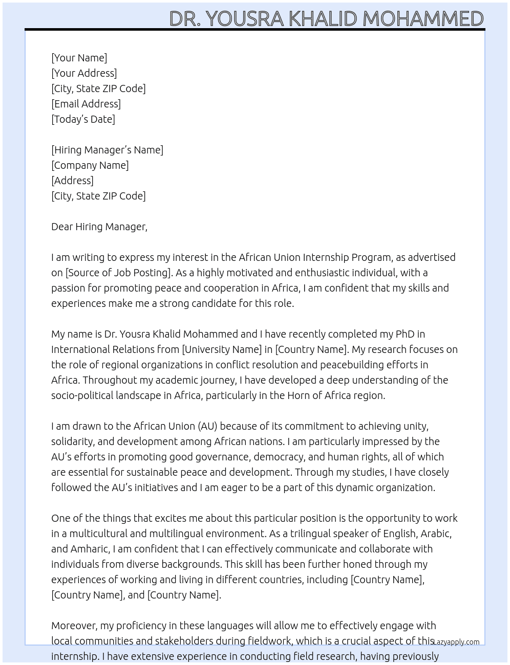African union internship program At African union Cover Letter