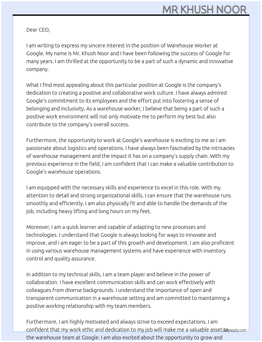 Warehouse worker  At Google  Cover Letter