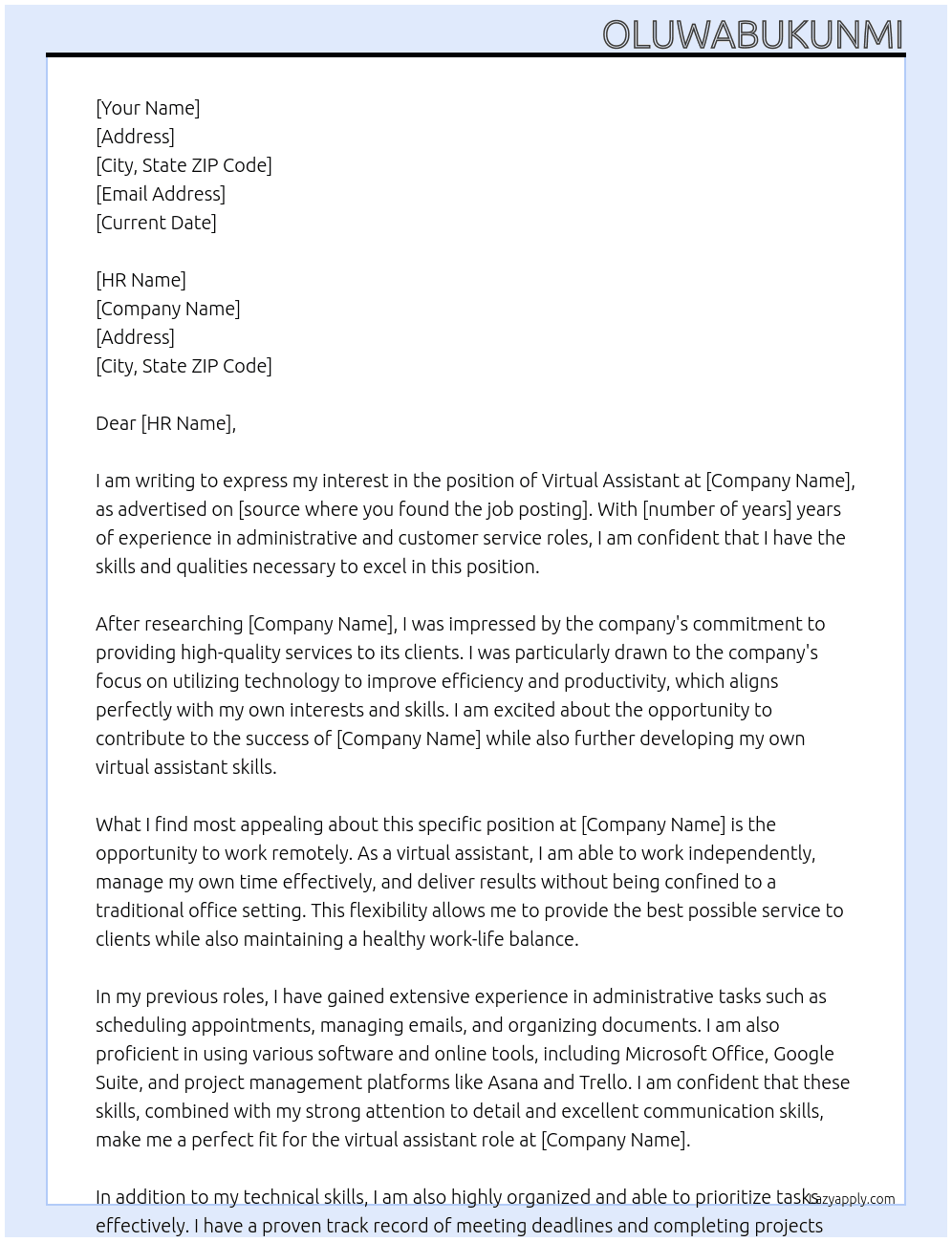 virtual assistant At Example Cover Letter