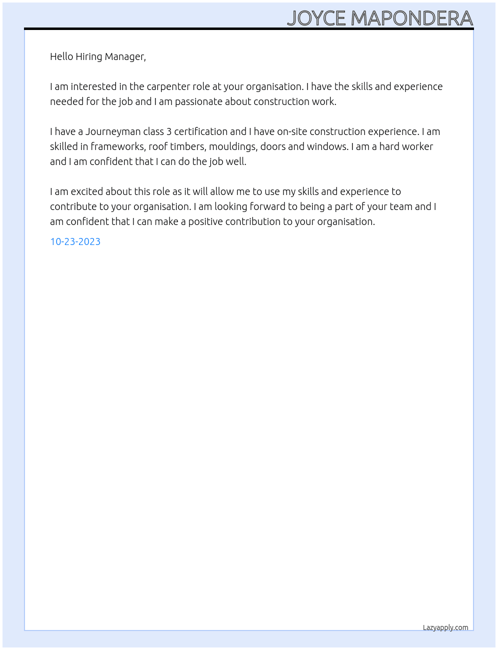 Carpenter/Joiner At your organisation  Cover Letter