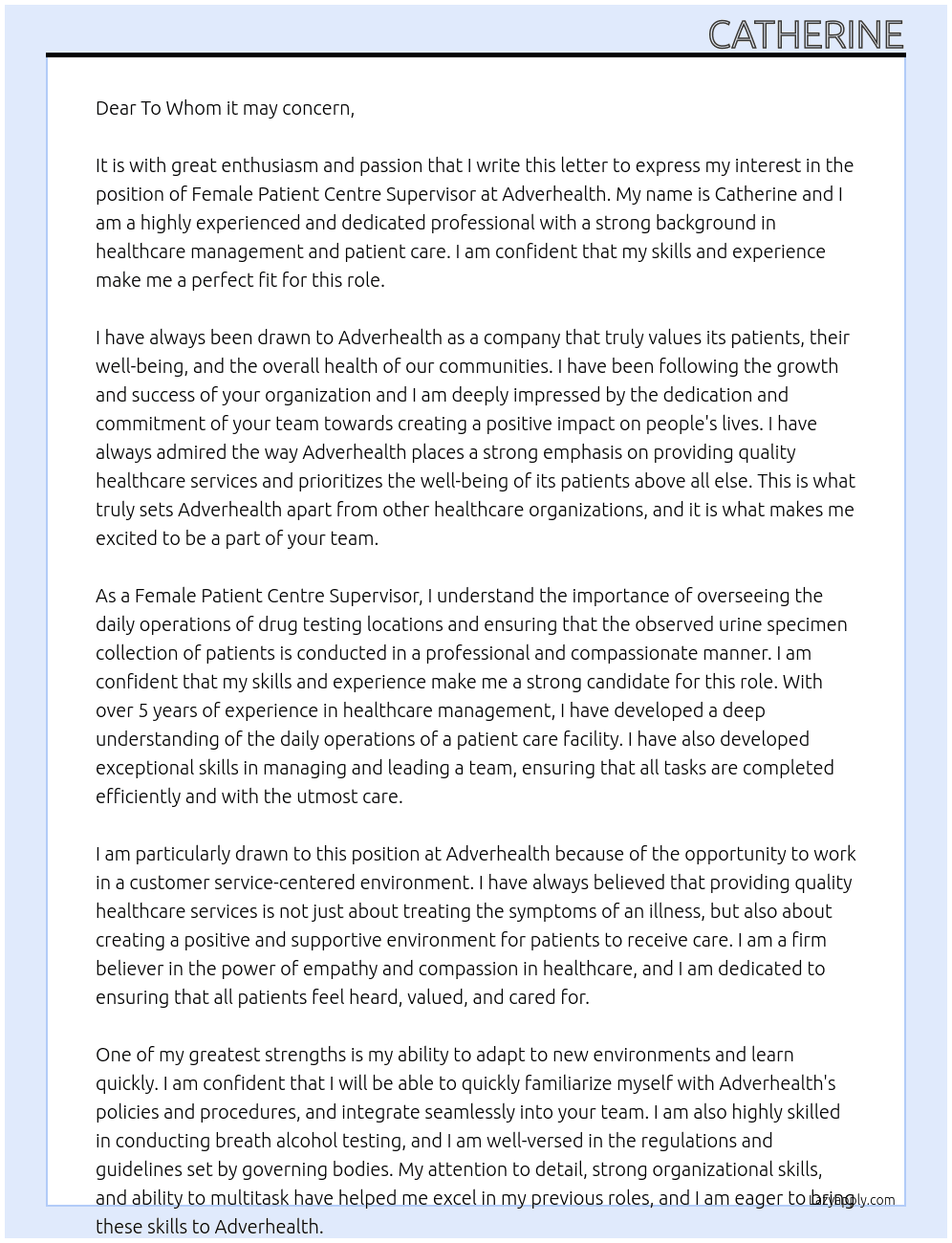 Female Patient Centre Supervisor At Adverhealth Cover Letter