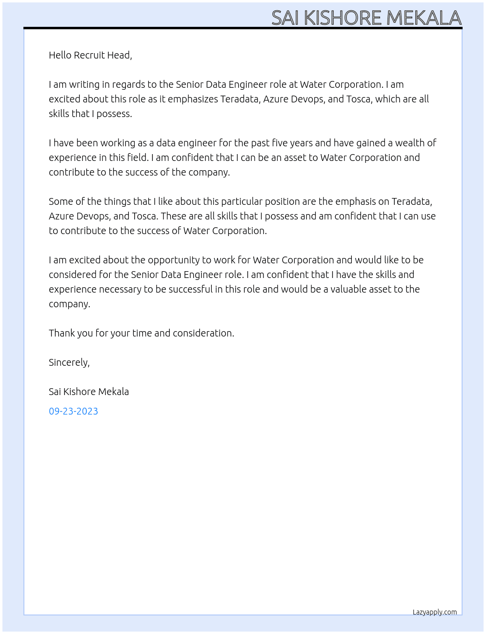 Senior Data Engineer At Water Corporation Cover Letter