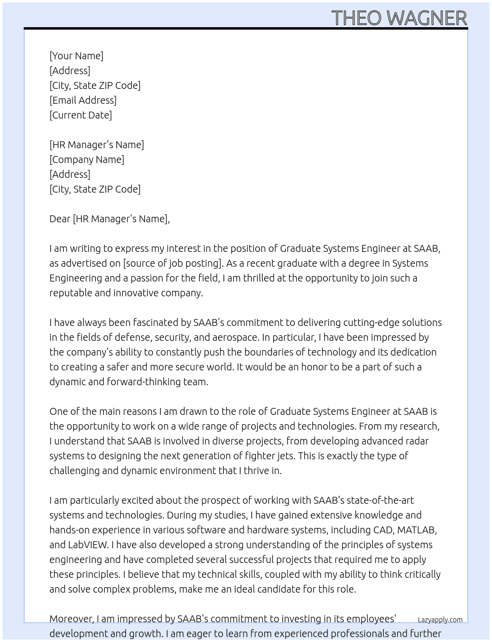 Graduate Systems Engineer At SAAB Cover Letter