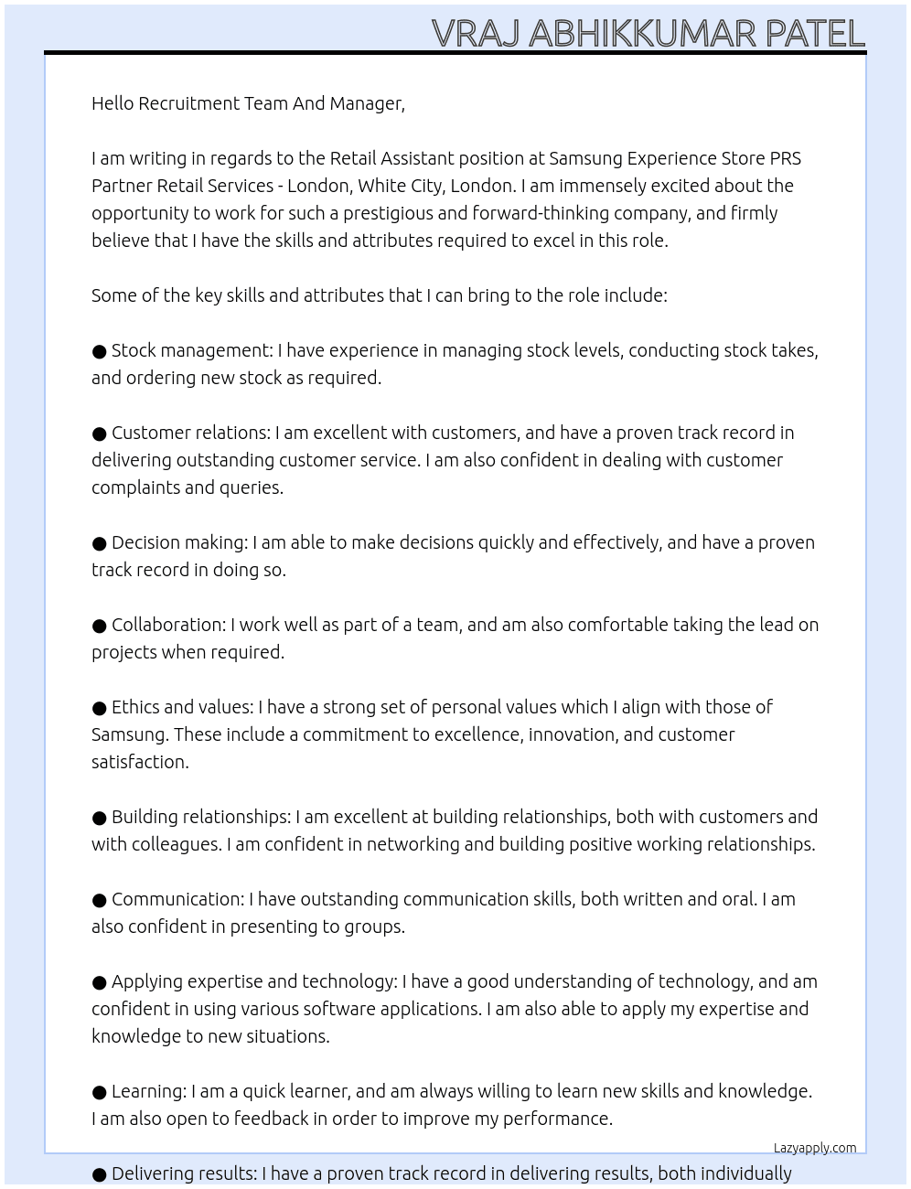 Retail Assistant At Samsung Experience  Store  PRS  Partner Retail Services - London, White City,London Cover Letter