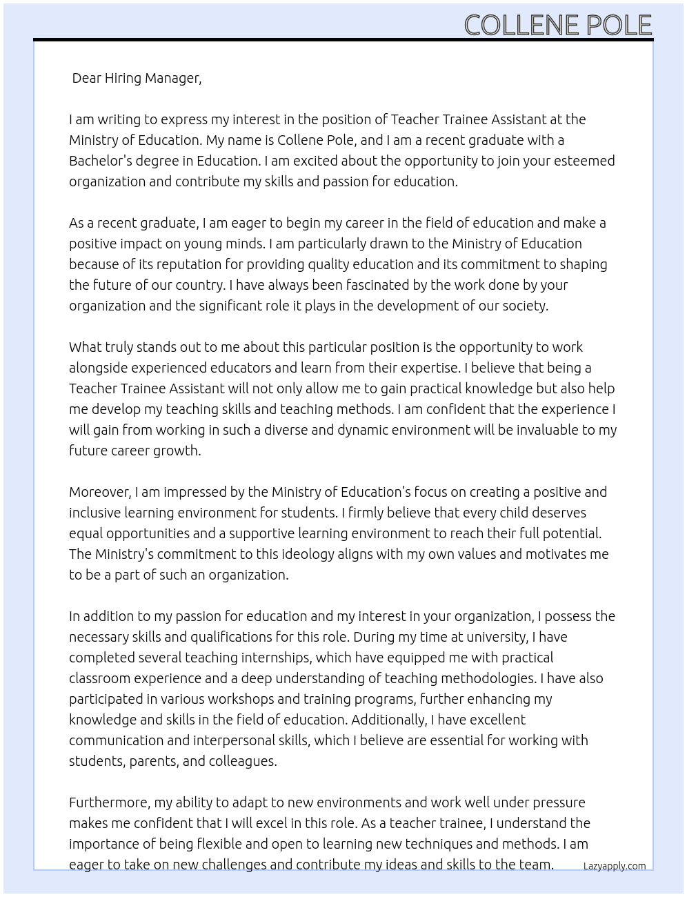 Cover letter for teacher trainee assistant - LazyApply