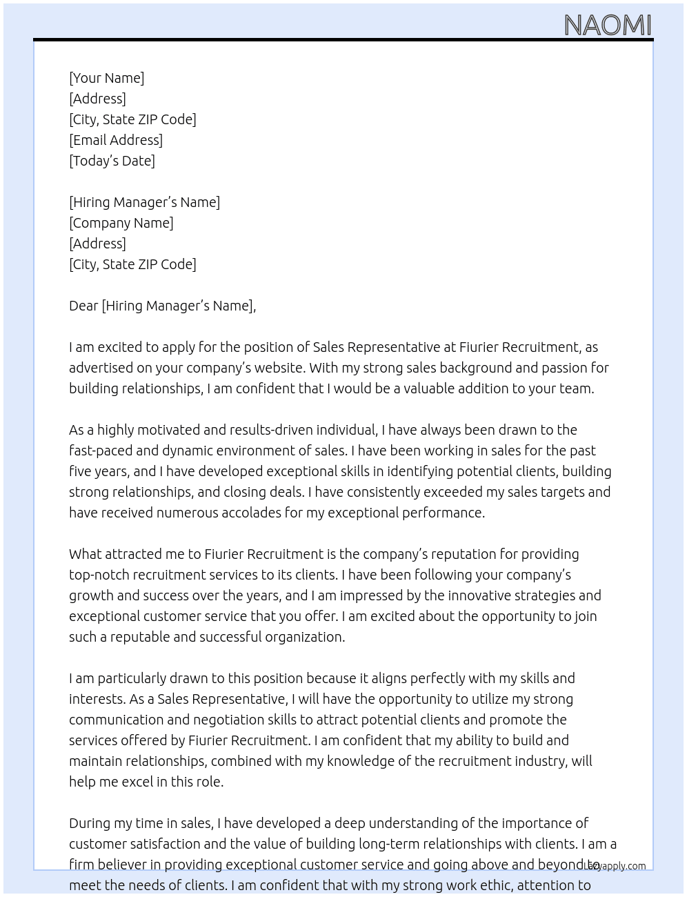 Sales Representative At Fiurier Recruitment Cover Letter