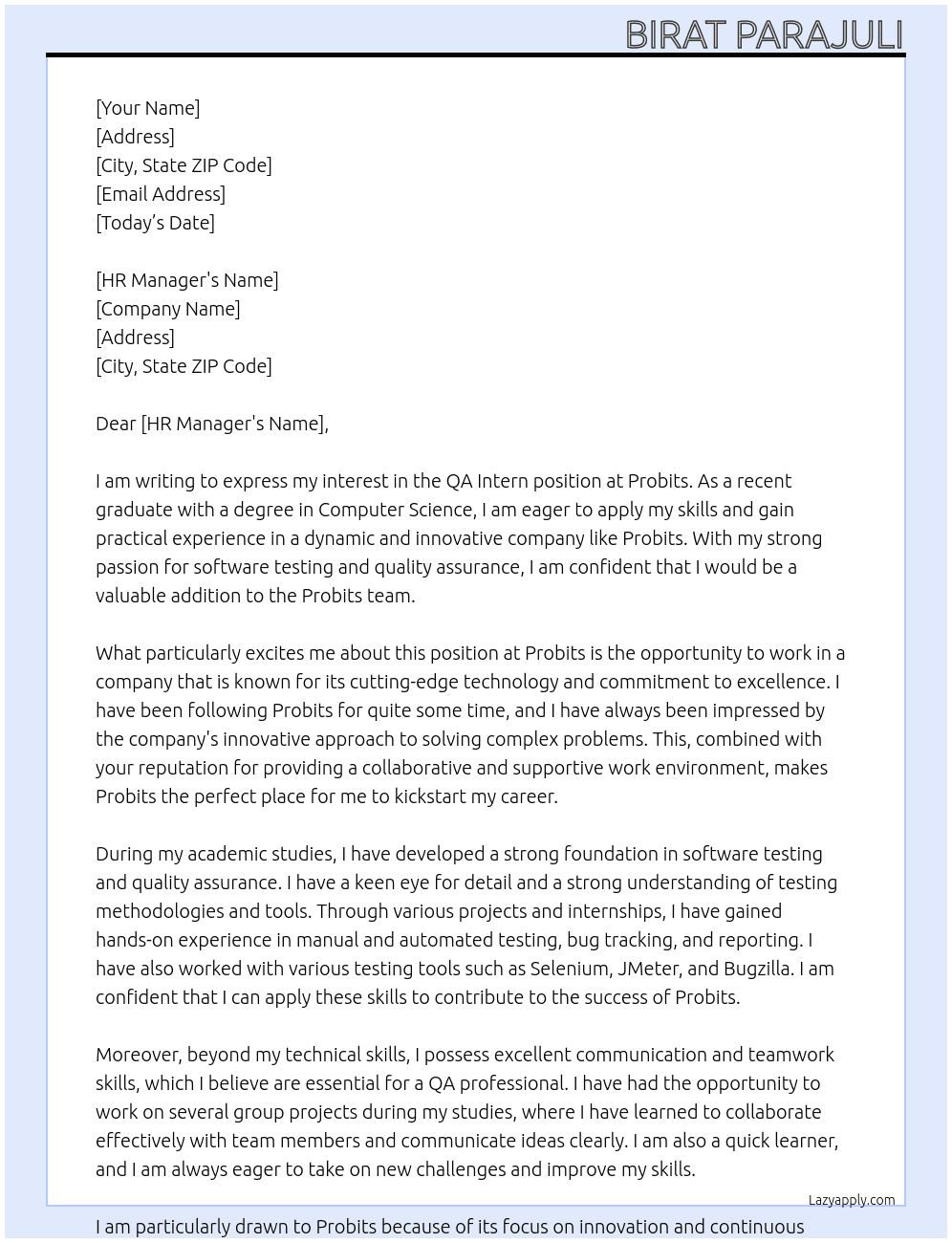qa intern  At Probits Cover Letter