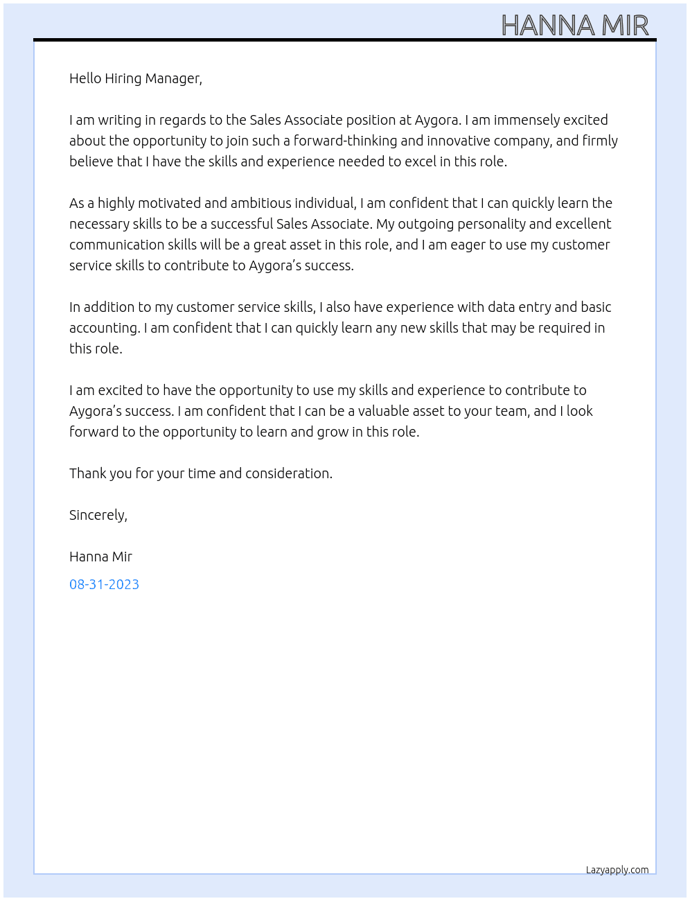 Sales Associate At Aygora Cover Letter