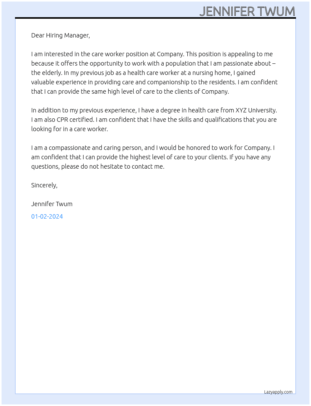 Care worker At Company Cover Letter