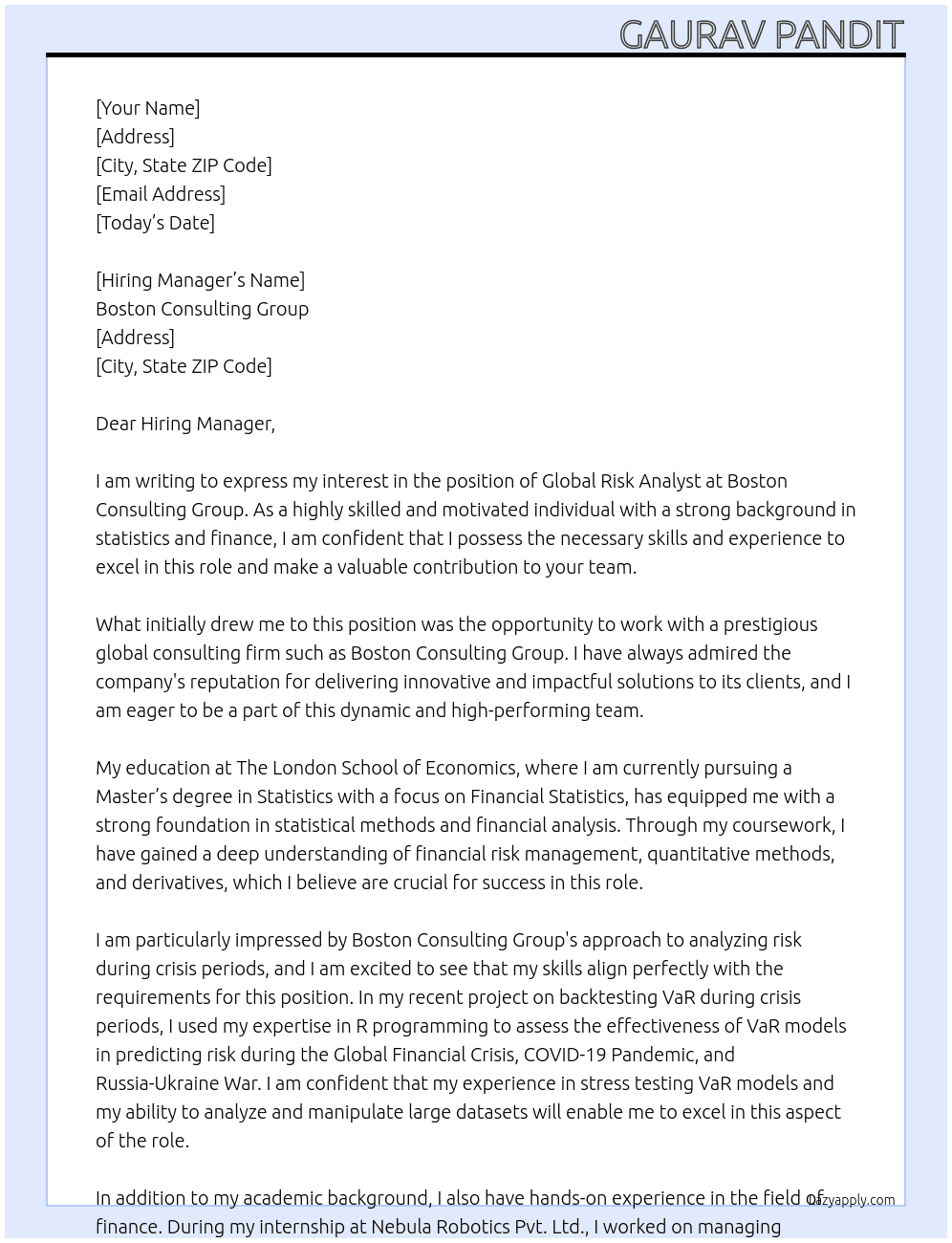 Global Risk Analyst At Boston Consulting Group Cover Letter