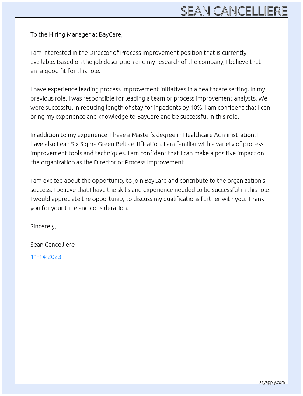 Director of Process Improvement At BayCare Cover Letter