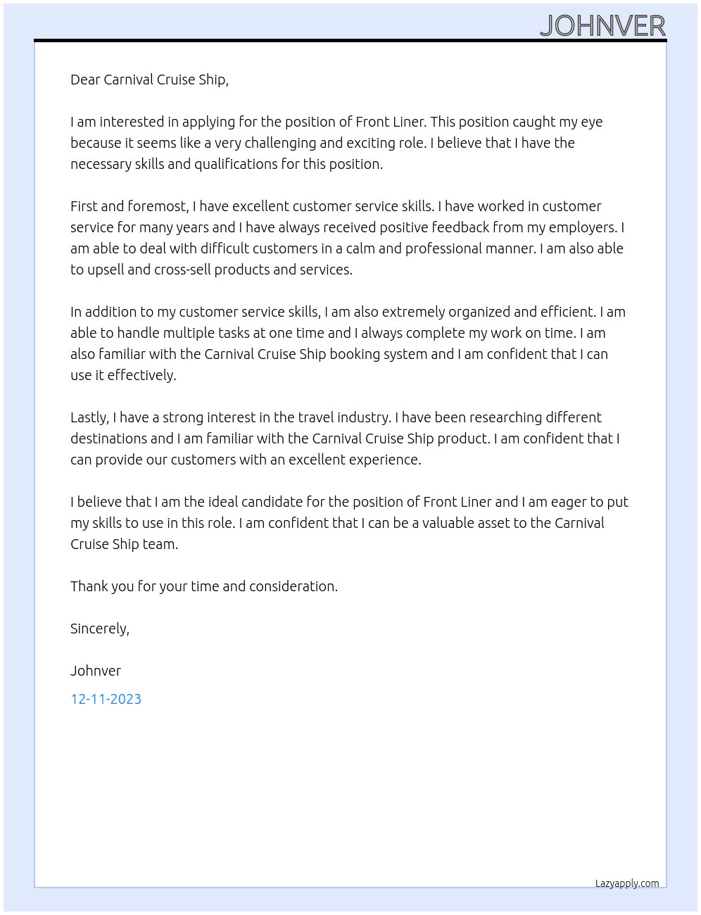 Front liner At Carnival cruise ship Cover Letter