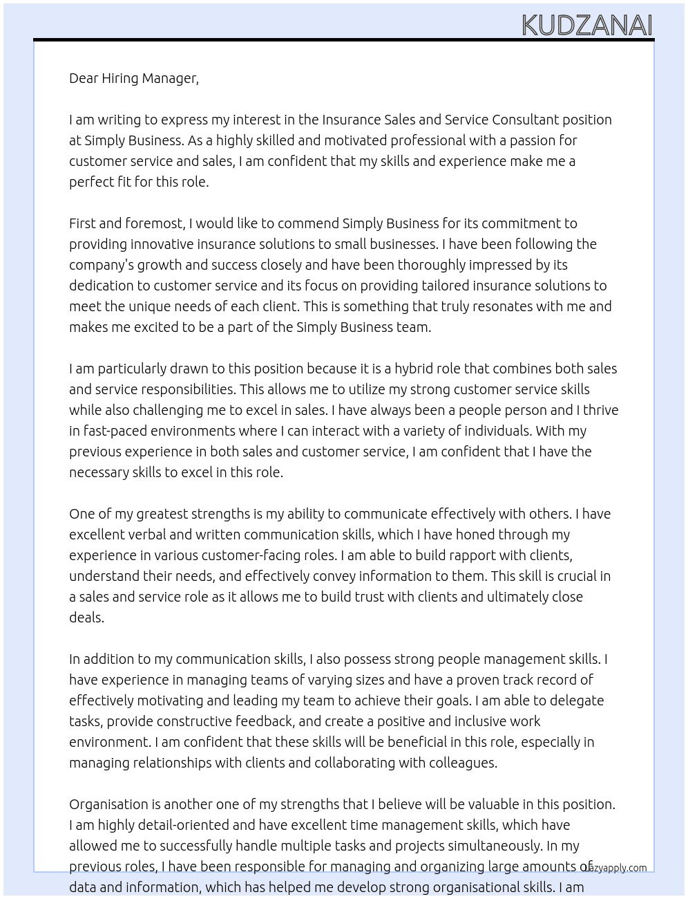 Insurance Sales and Service Consultant At Simply Business Cover Letter