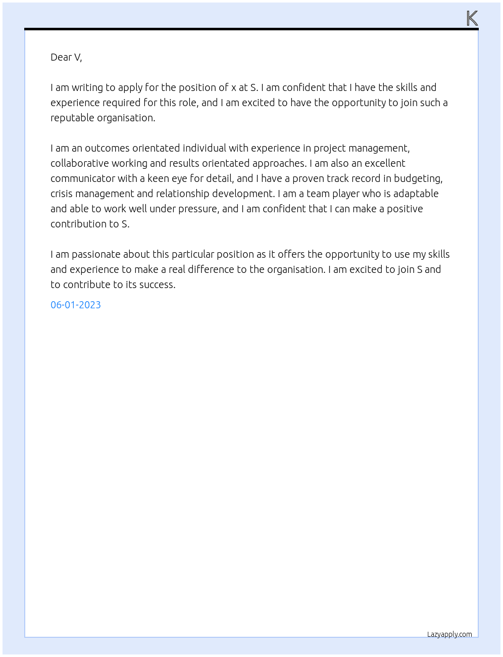 x At S Cover Letter