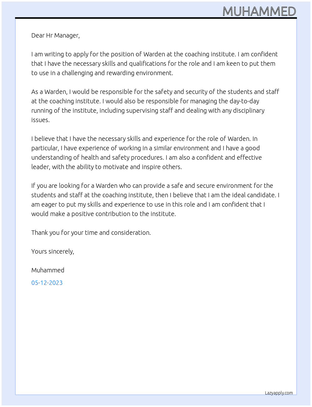 Warden  At Coaching institute Cover Letter