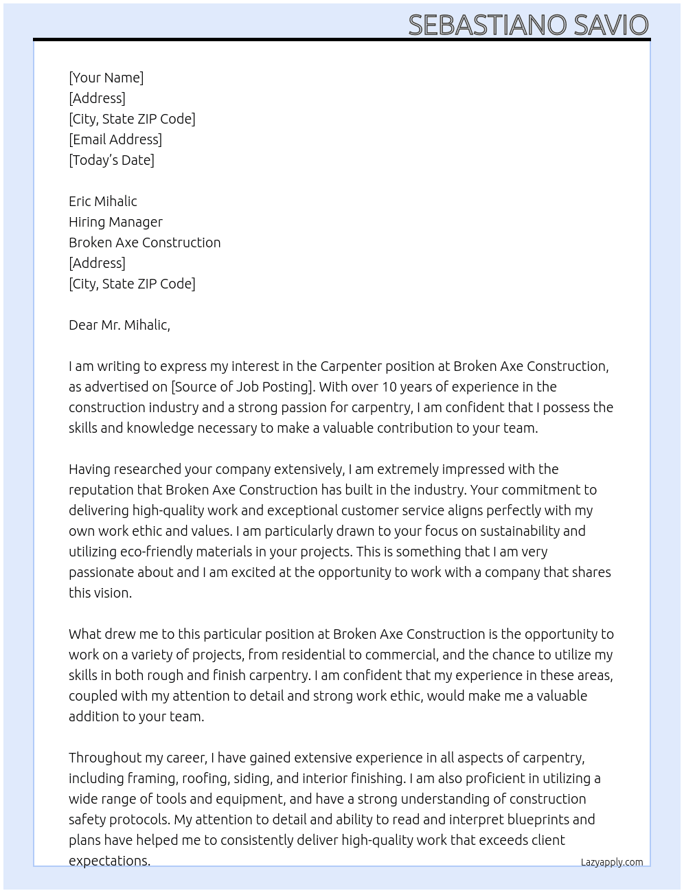 carpenter At Broken Axe Construction Cover Letter