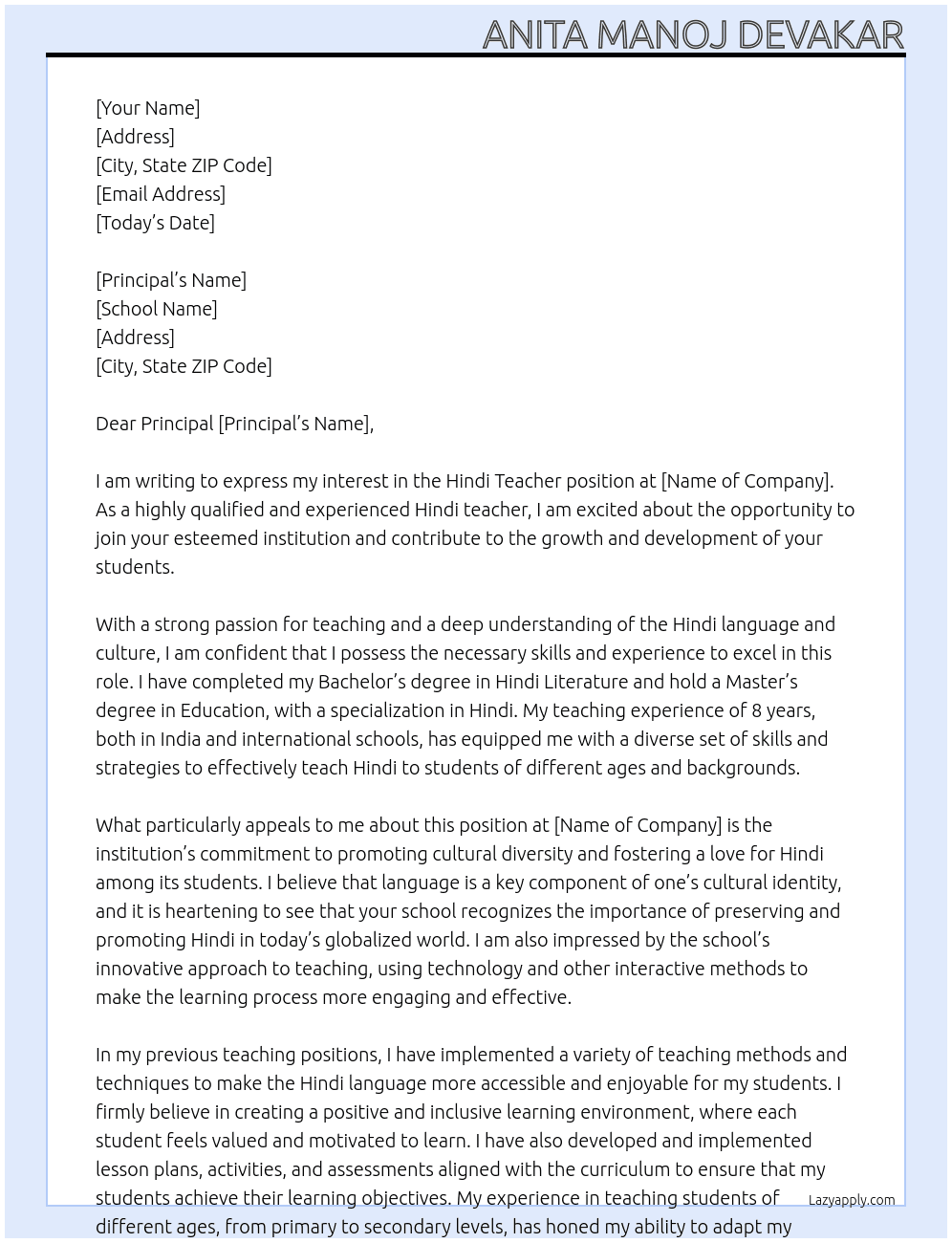 Hindi Teacher At Hindi Teacher  Cover Letter