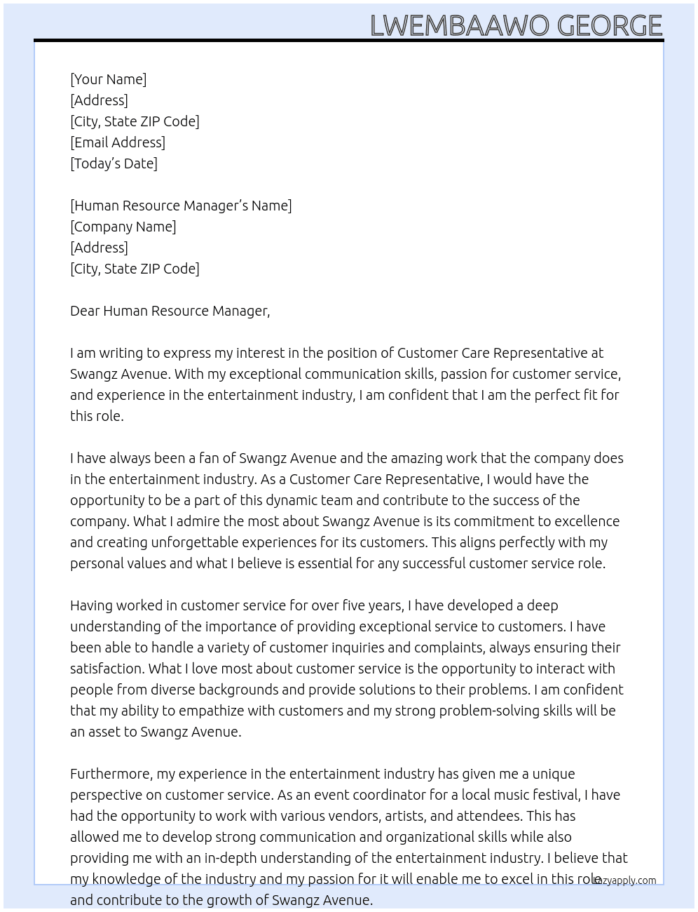 Customer Care Representative At Swangz Avenue Cover Letter