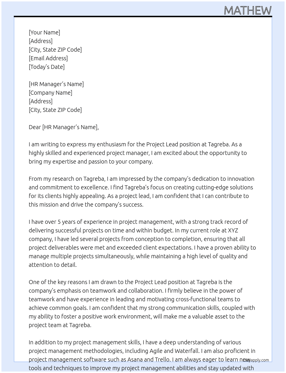 project lead At Tagreba Cover Letter