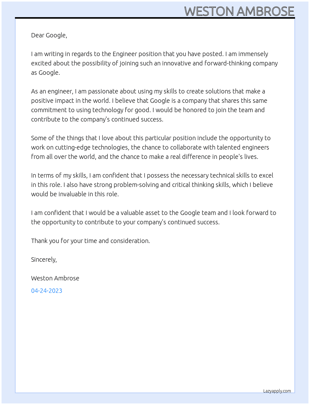 Engineer At Google Cover Letter