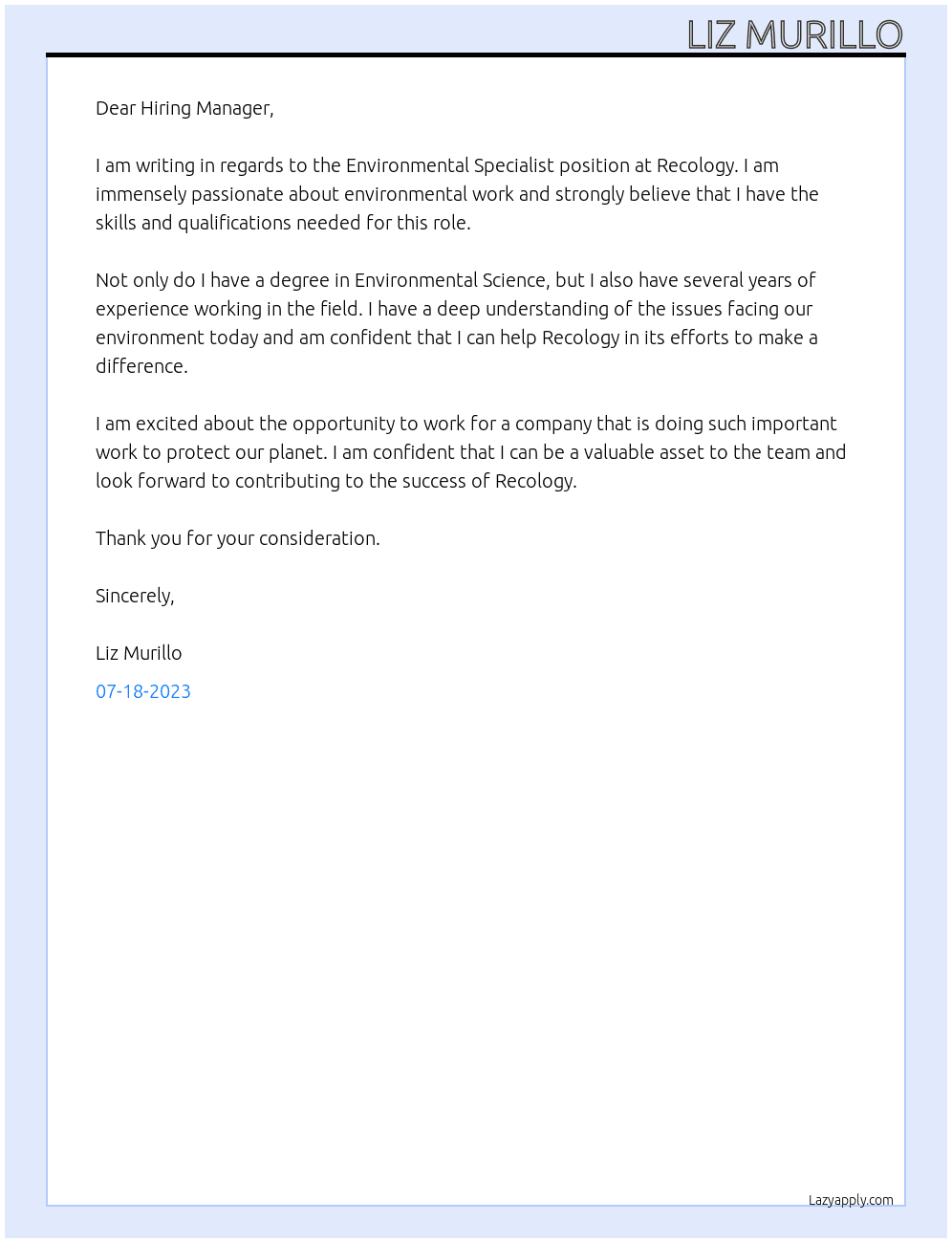 Environmental Specialist At Recology Cover Letter