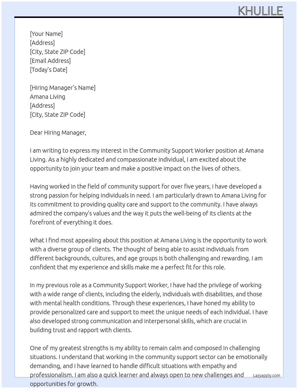 Community support worker At Amana Living Cover Letter