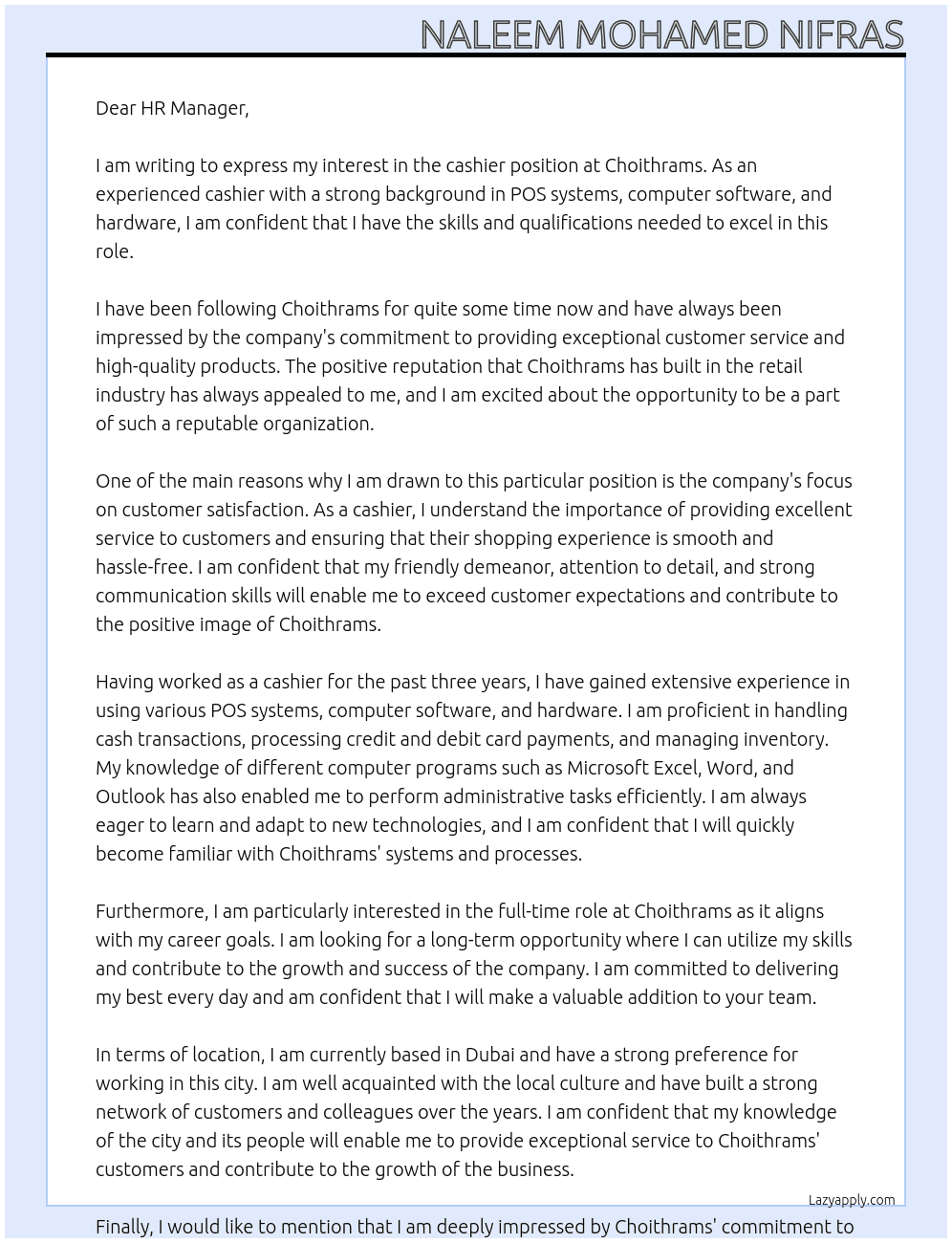 cashier At Choithrams Cover Letter