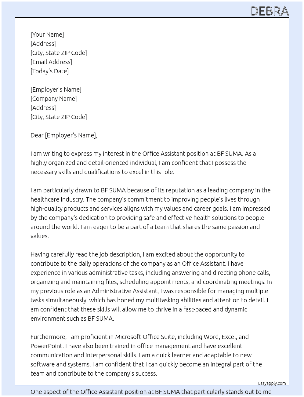 office assistant At BF SUMA Cover Letter